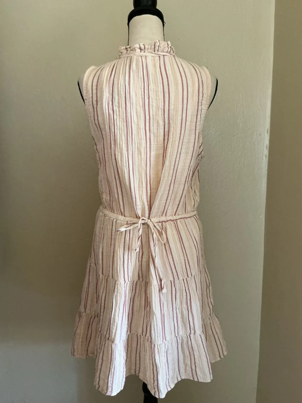 Joie Tiered Stripe Dress in Cream and Dusty Rose M Tie Back - Picture 2 of 11